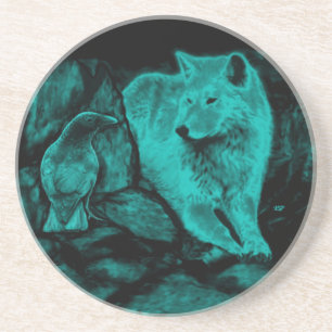 Wolf en Raven in de nacht Zandsteen Onderzetter
