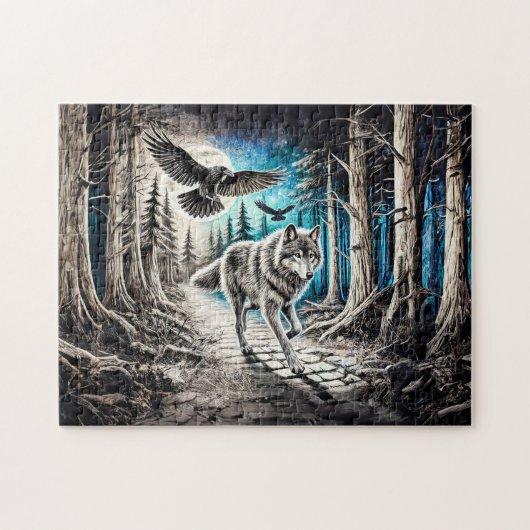 Wolf en Raven in het maanlicht Legpuzzel (Horizontaal)