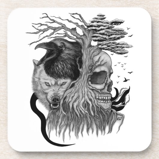 Wolf en Raven met Schedel Bier Onderzetter (Voorkant)
