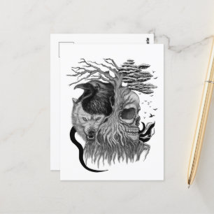Wolf en Raven met Schedel Briefkaart