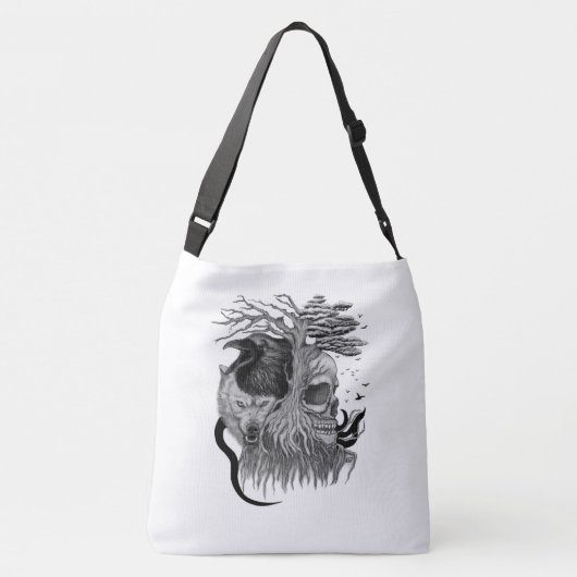 Wolf en Raven met Schedel Crossbody Tas (Achterkant)