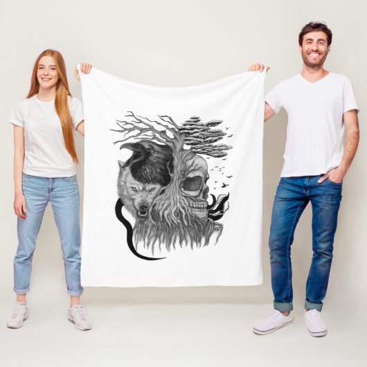 Wolf en Raven met Schedel Fleece Deken (In situ)