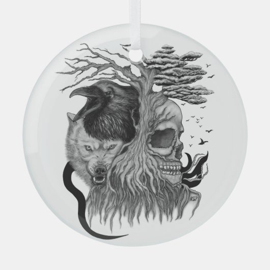 Wolf en Raven met Schedel Glas Ornament (Voorkant)