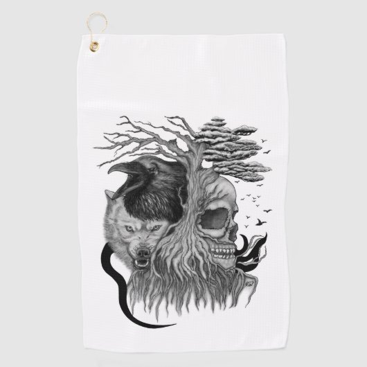 Wolf en Raven met Schedel Golfhanddoek (Voorkant)