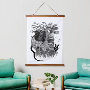 Wolf en Raven met Schedel Hangend Wandkleed