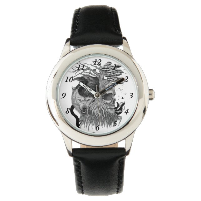 Wolf en Raven met Schedel Horloge (Voorkant)