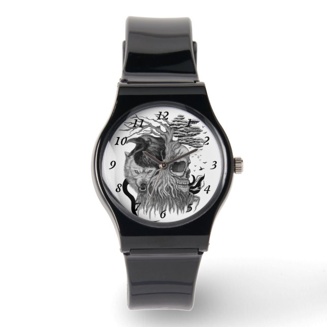 Wolf en Raven met Schedel Horloge (Voorkant)