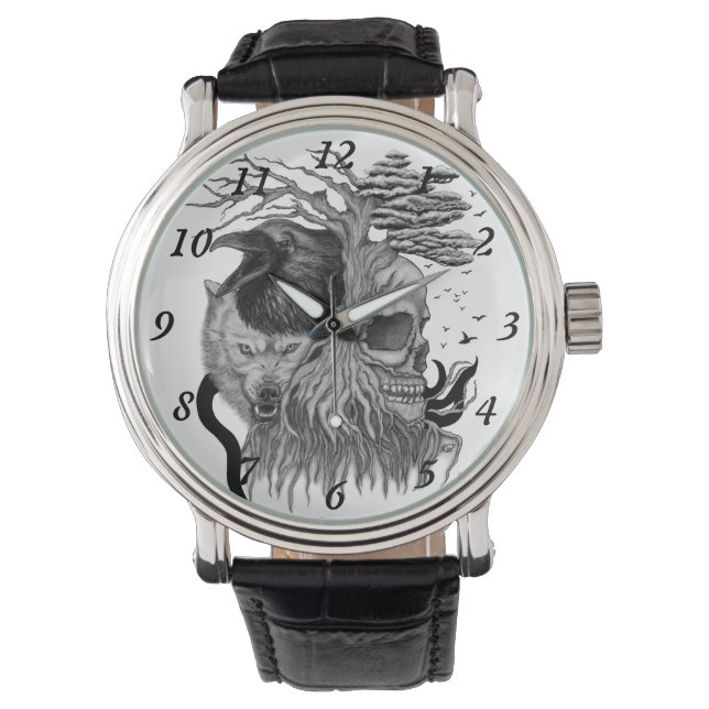 Wolf en Raven met Schedel Horloge (Voorkant)