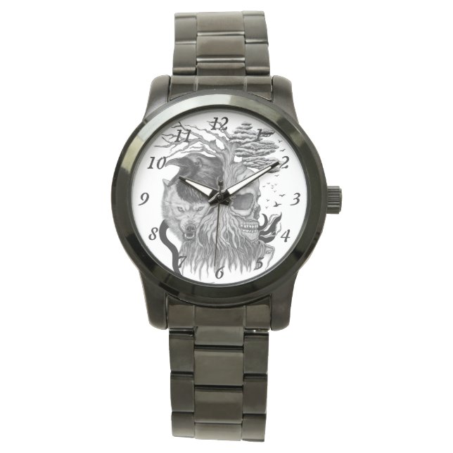 Wolf en Raven met Schedel Horloge (Voorkant)