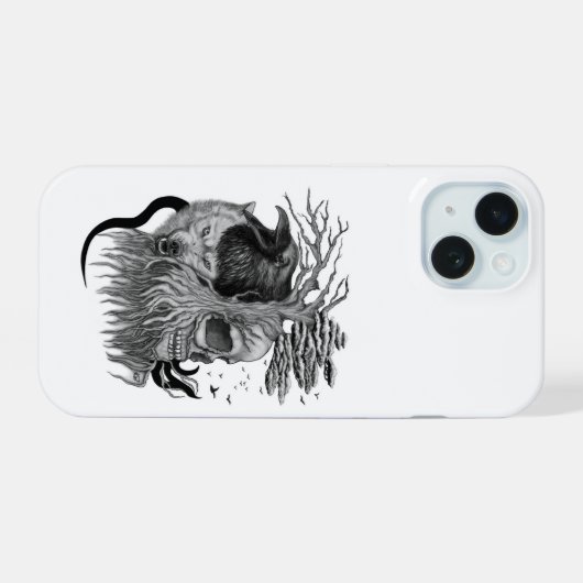 Wolf en Raven met Schedel iPhone 15 Case (Achterkant horizontaal)