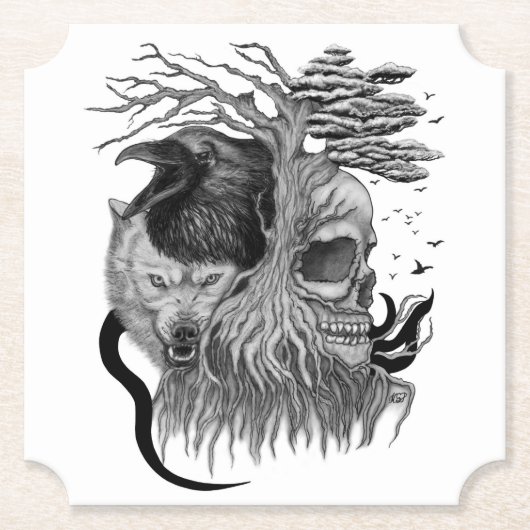 Wolf en Raven met Schedel Kartonnen Onderzetters (Voorkant)
