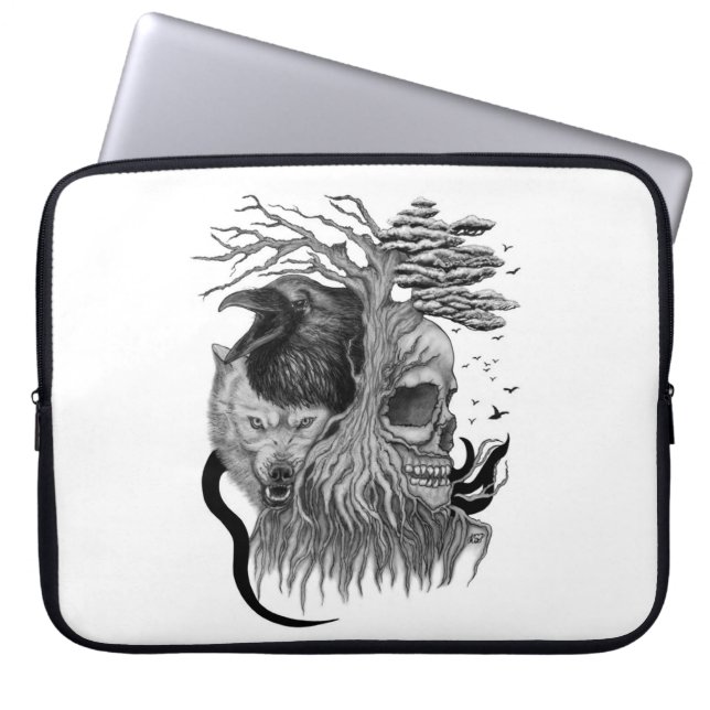 Wolf en Raven met Schedel Laptop Sleeve (Voorkant)