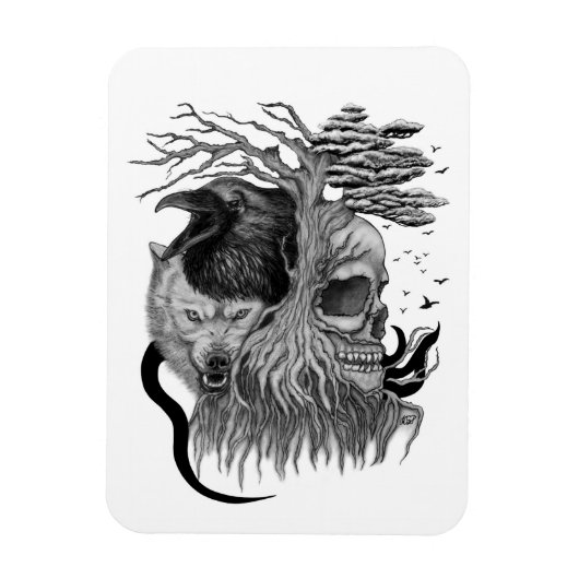Wolf en Raven met Schedel Magneet (Verticaal)