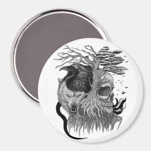 Wolf en Raven met Schedel Magneet (Voorkant / Achterkant)