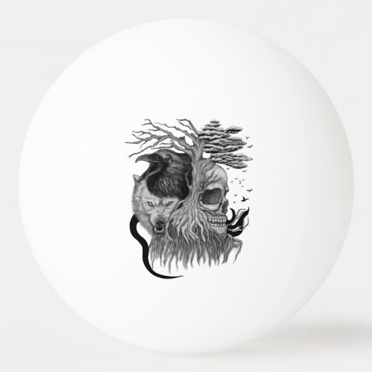 Wolf en Raven met Schedel Pingpongbal (Voorkant)