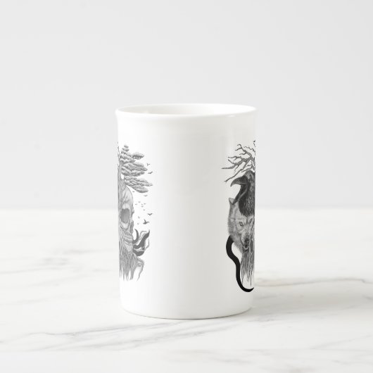 Wolf en Raven met Schedel Porselein Kop (Voorkant)