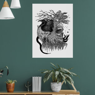 Wolf en Raven met Schedel Poster