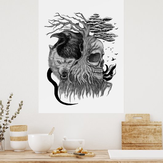 Wolf en Raven met Schedel Poster (Keuken)