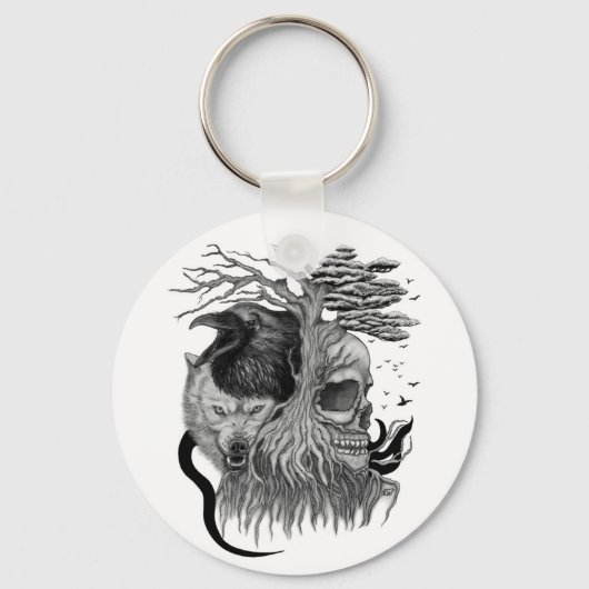 Wolf en Raven met Schedel Sleutelhanger (Voorkant)
