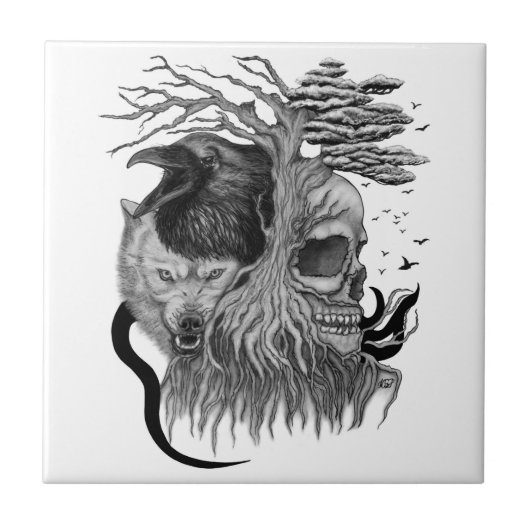 Wolf en Raven met Schedel Tegeltje (Voorkant)