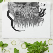 Wolf en Raven met Schedel Theedoek (Gevouwen)