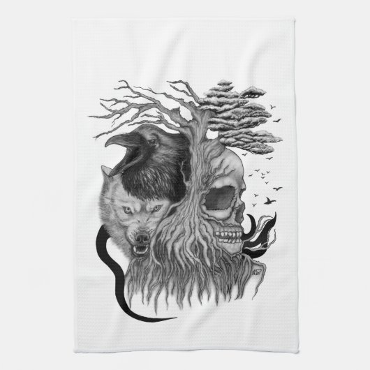 Wolf en Raven met Schedel Theedoek (Verticaal)