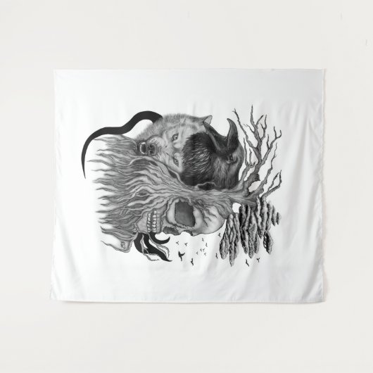 Wolf en Raven met Schedel Wandkleed (Voorkant (horizontaal))