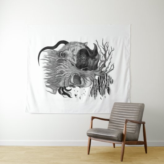 Wolf en Raven met Schedel Wandkleed (In Situ (horizontaal))