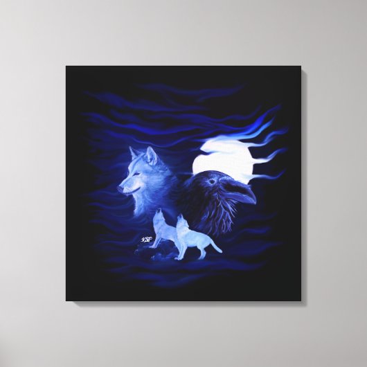 Wolf en Raven met volle maan Canvas Afdruk (Voorkant)