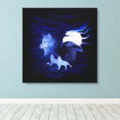 Wolf en Raven met volle maan Canvas Afdruk (Insitu (Houten vloer))