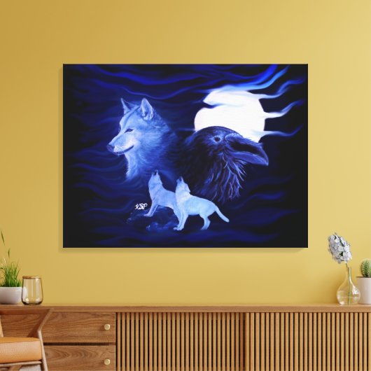 Wolf en Raven met volle maan Canvas Afdruk (Insitu (Woonkamer))
