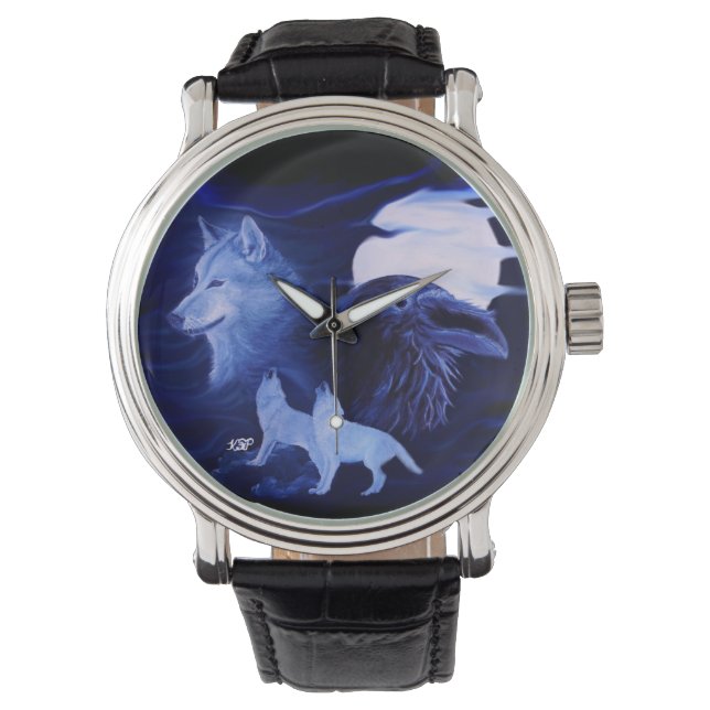 Wolf en Raven met volle maan Horloge (Voorkant)