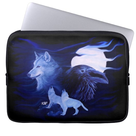 Wolf en Raven met volle maan Laptop Sleeve (Voorkant)