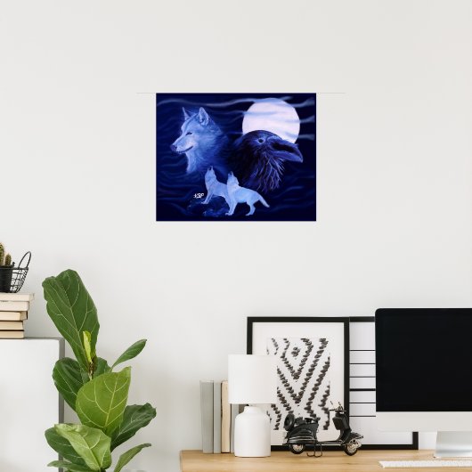 Wolf en Raven met volle maan Poster (Thuiskantoor)