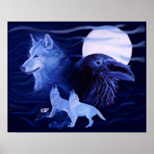 Wolf en Raven met volle maan Poster