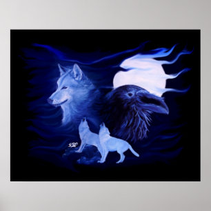 Wolf en Raven met volle maan Poster