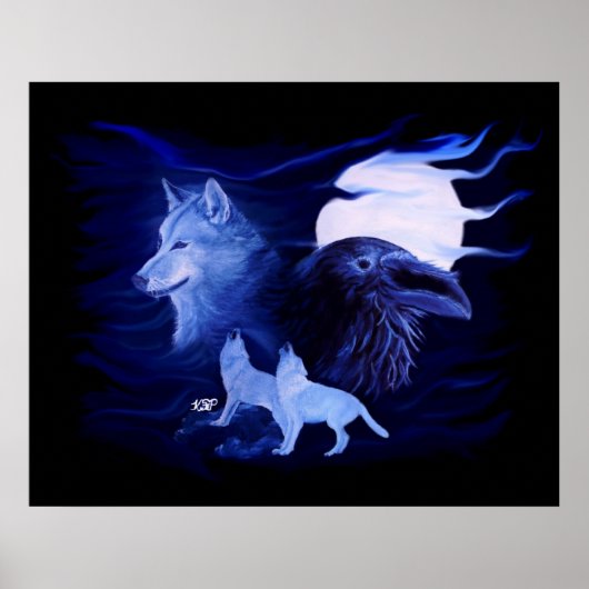 Wolf en Raven met volle maan Poster (Voorkant)