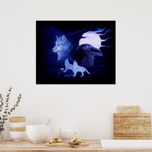 Wolf en Raven met volle maan Poster (Keuken)