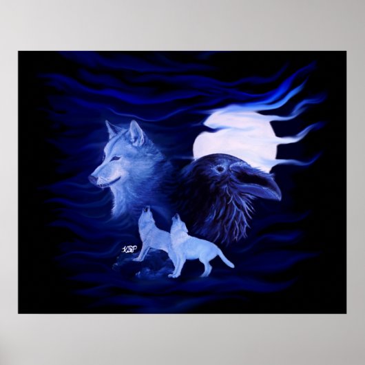 Wolf en Raven met volle maan Poster (Voorkant)