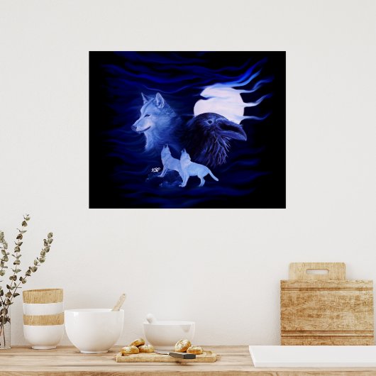 Wolf en Raven met volle maan Poster (Keuken)