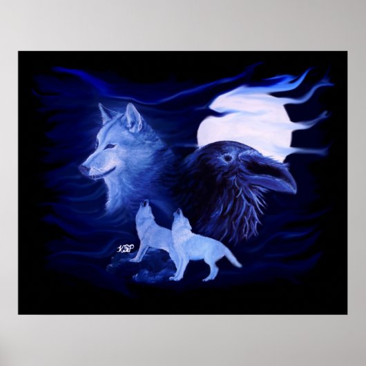 Wolf en Raven met volle maan Poster (Voorkant)