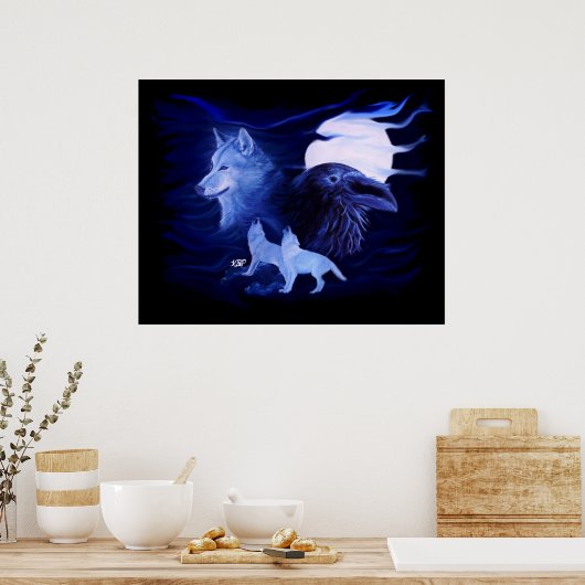 Wolf en Raven met volle maan Poster (Keuken)