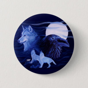 Wolf en Raven met volle maan Ronde Button 5,7 Cm