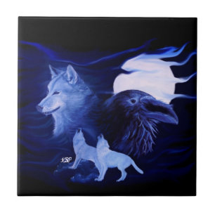Wolf en Raven met volle maan Tegeltje