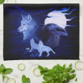 Wolf en Raven met volle maan Theedoek (Gevouwen)