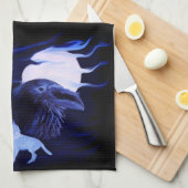 Wolf en Raven met volle maan Theedoek (Quarter Fold)