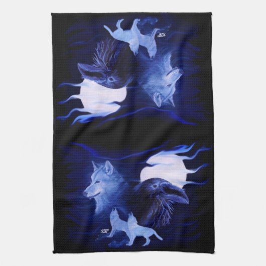 Wolf en Raven met volle maan Theedoek (Verticaal)
