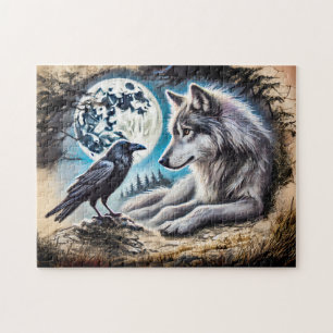 Wolf en Raven op Rock bij Volle Maan Legpuzzel