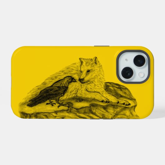 Wolf en Raven, zwart en geel iPhone 15 Case (Achterkant horizontaal)