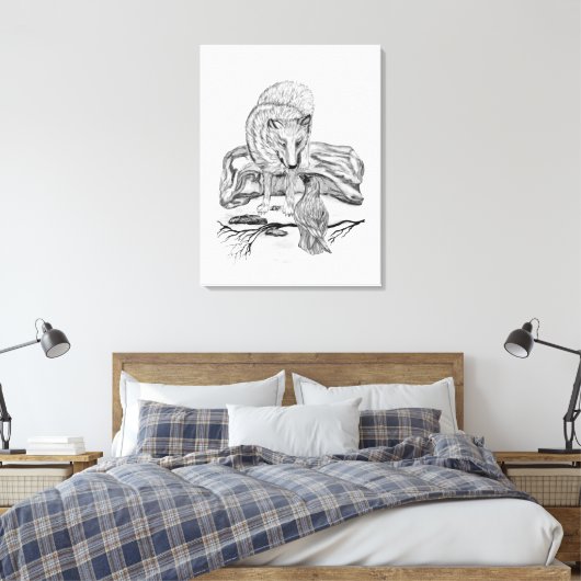 Wolf en Raven - Zwart en wit design Canvas Afdruk (Insitu (Slaapkamer))